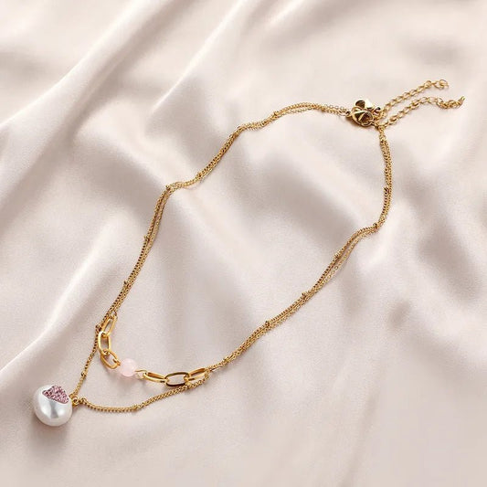 Γυναικείο ατσάλινο κολιέ διπλό επιχρυσωμένο με πέρλα (N1262)  - necklace - charmy.gr