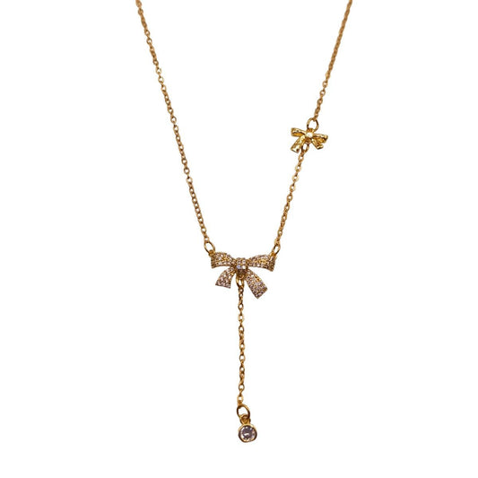 Ατσάλινο κολιέ επιχρυσωμένο φιογκάκι με ζιργκόν (N1287) - necklace - charmy.gr