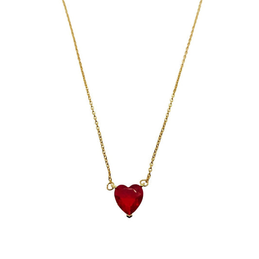 Ατσάλινο κολιέ επιχρυσωμένο με κόκκινη καρδιά ζιργκόν (N1235) - necklace - charmy.gr