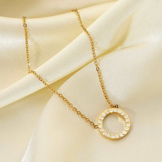 Γυναικείο ατσάλινο κολιέ επιχρυσωμένο με κυκλικό στοιχείο με ζιργκόν (N1197) - necklace - charmy.gr