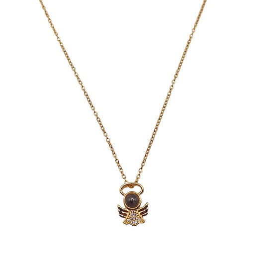Ατσάλινο κολιέ επιχρυσωμένο με μενταγιόν αγγελάκι με μικρά ζιργκόν (N1268)  - necklace - charmy.gr