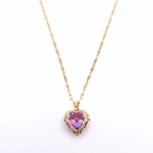 Ατσάλινο κολιέ επιχρυσωμένο με μωβ καρδιά (N1243) - necklace - charmy.gr