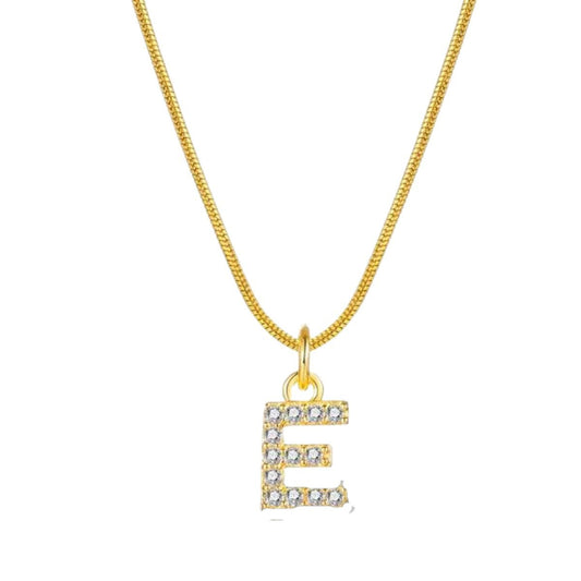 Ατσάλινο κολιέ επιχρυσωμένο με ζιργκόν αρχικό γράμμα Ε (N1301) - necklace - charmy.gr