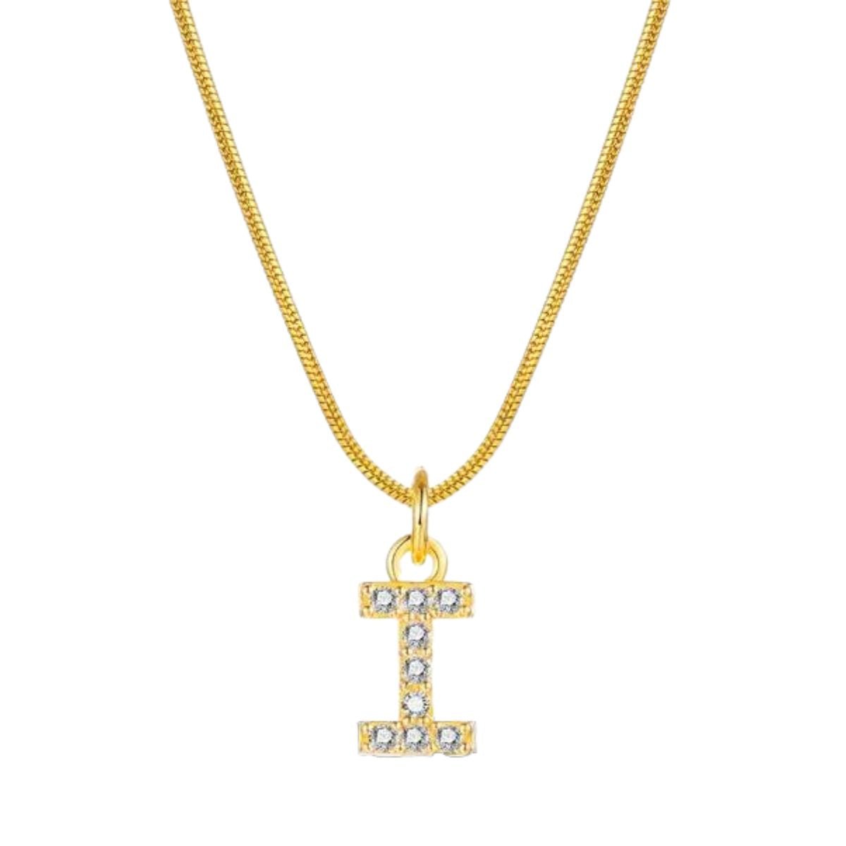 Ατσάλινο κολιέ επιχρυσωμένο με ζιργκόν αρχικό γράμμα Ι (N1302) - necklace - charmy.gr