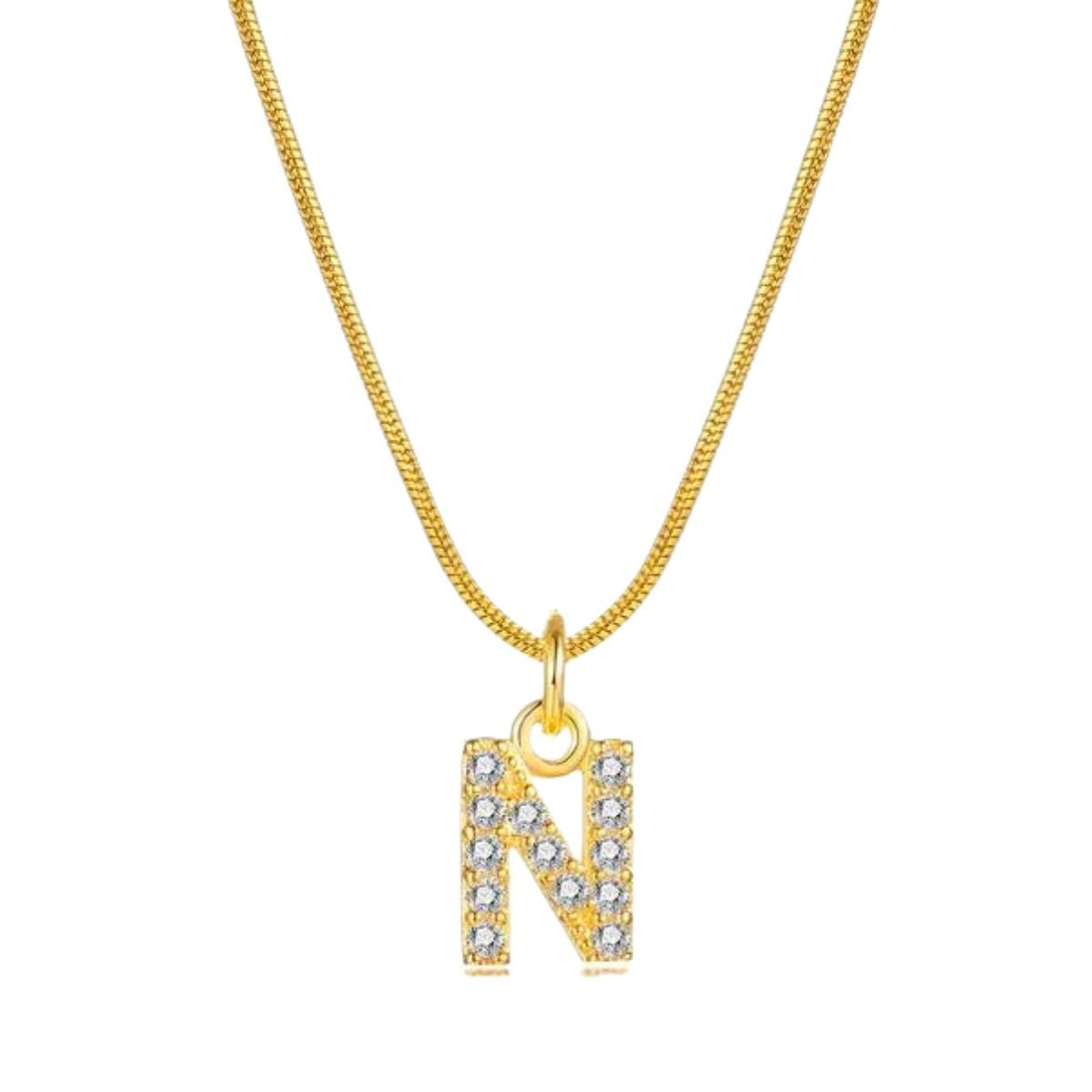 Ατσάλινο κολιέ επιχρυσωμένο με ζιργκόν αρχικό γράμμα Ν (N1297) - necklace - charmy.gr