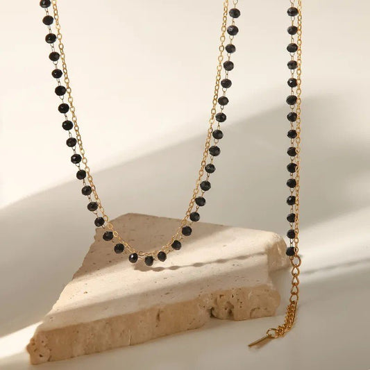 Γυναικείο ατσάλινο κολιέ με διπλή αλυσίδα και χάντρες (N1161) - necklace  - charmy.gr