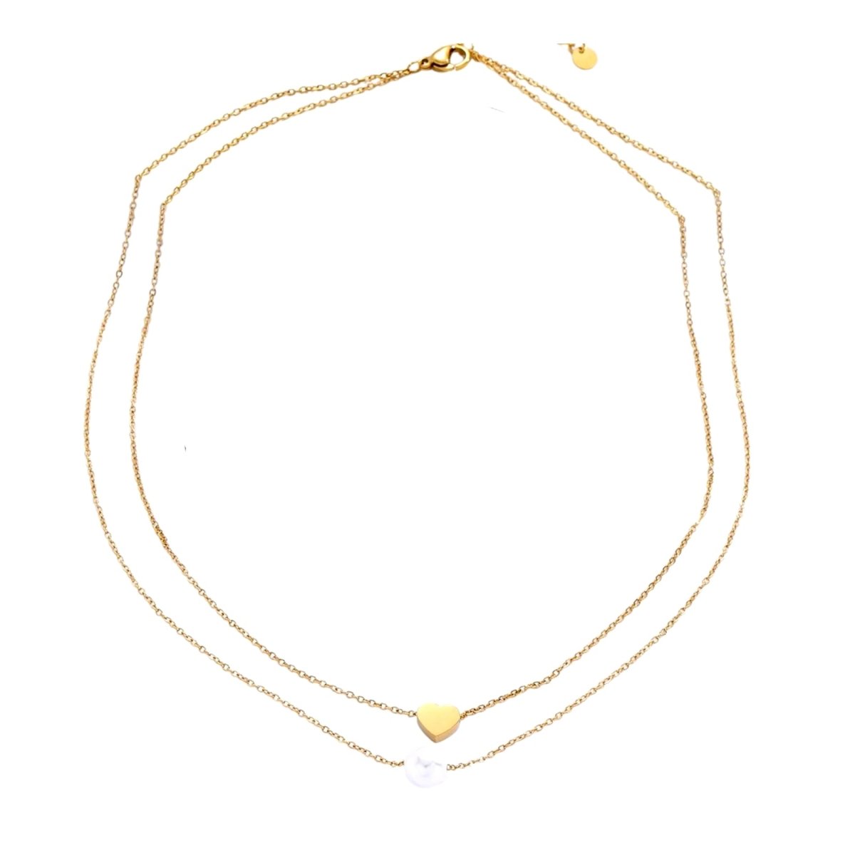 Ατσάλινο κολιέ με διπλή αλυσίδα καρδιά και πέρλα επιχρυσωμένο (N1160) - necklace  - charmy.gr