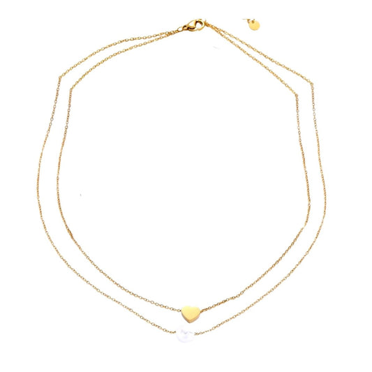 Ατσάλινο κολιέ με διπλή αλυσίδα καρδιά και πέρλα επιχρυσωμένο (N1160) - necklace  - charmy.gr
