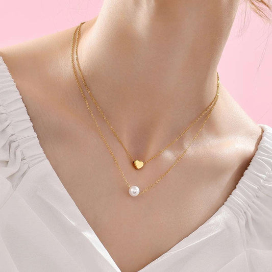Γυναικείο ατσάλινο κολιέ με διπλή αλυσίδα καρδιά και πέρλα επιχρυσωμένο (N1160) - necklace  - charmy.gr