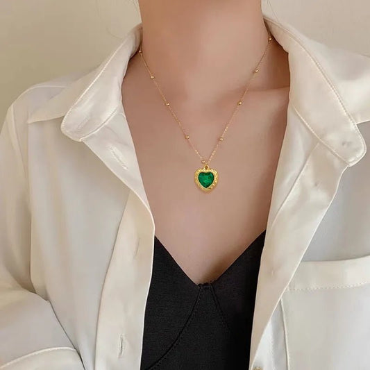 Γυναικείο ατσάλινο κολιέ με πράσινη καρδιά ζιργκόν (N1246) - necklace - charmy.gr