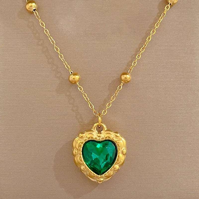 Γυναικείο ατσάλινο κολιέ με πράσινη καρδιά ζιργκόν (N1246) - necklace - charmy.gr