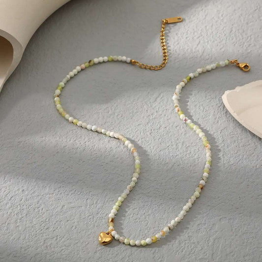 Γυναικείο ατσάλινο κολιέ με χάντρες από φυσικές πέτρες και μενταγιόν καρδιά (N1156) - necklace - charmy.gr