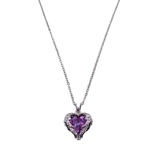 Ατσάλινο κολιέ χρώμα ασημί καρδιά με μωβ ζιργκόν (N1280) - necklace - charmy.gr