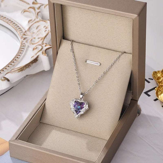 Γυναικείο ατσάλινο κολιέ χρώμα ασημί καρδιά με μωβ ζιργκόν (N1280) - necklace - charmy.gr