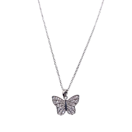 Ατσάλινο κολιέ χρώμα ασημί πεταλούδα με ζιργκόν (N1279) - necklace - charmy.gr