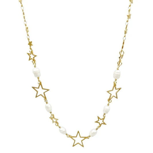 Ατσάλινο μακρύ κολιέ με αστέρια και πέρλες επιχρυσωμένο (N1157)  - necklace - charmy.gr