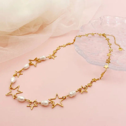Γυναικείο ατσάλινο μακρύ κολιέ με αστέρια και πέρλες επιχρυσωμένο (N1157) - necklace - charmy.gr