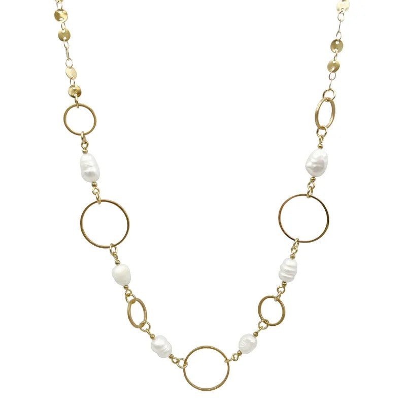 Ατσάλινο μακρύ κολιέ με κυκλικά στοιχεία και πέρλες επιχρυσωμένο (N1158) - necklace - charmy.gr