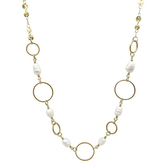Ατσάλινο μακρύ κολιέ με κυκλικά στοιχεία και πέρλες επιχρυσωμένο (N1158) - necklace - charmy.gr