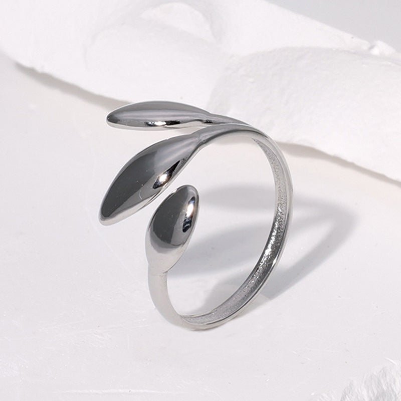 Γυναικείο ατσάλινο ρυθμιζόμενο δαχτυλίδι ασημί με σχέδιο φύλλων (R1289) - rings - charmy.gr