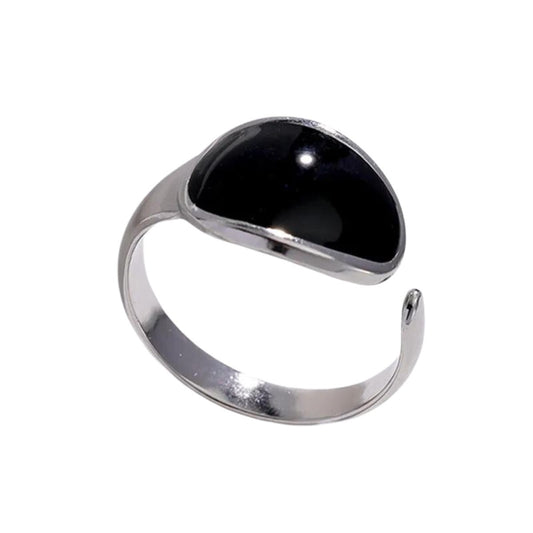 Ατσάλινο ρυθμιζόμενο δαχτυλίδι με μαύρο σμάλτο χρώμα ασημί (R1226) - ring - charmy.gr