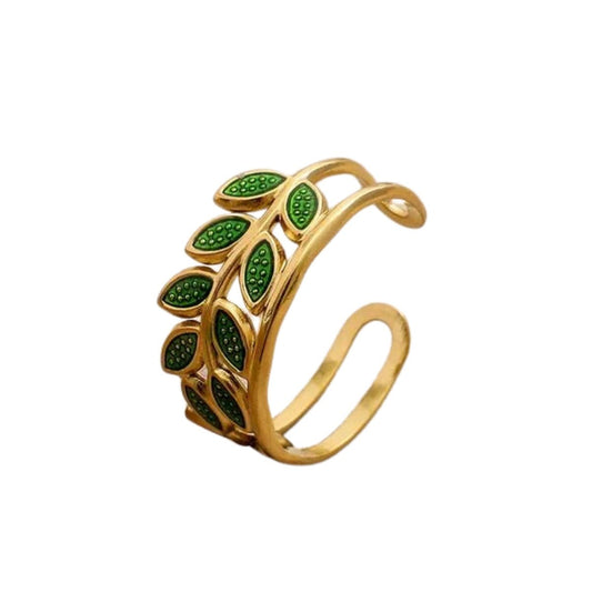 Ατσάλινο ρυθμιζόμενο δαχτυλίδι με πράσινα φύλλα (R1241) - ring - charmy.gr