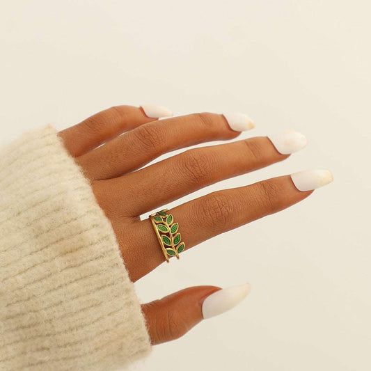 Γυναικείο ατσάλινο ρυθμιζόμενο δαχτυλίδι με πράσινα φύλλα (R1241) - ring - charmy.gr