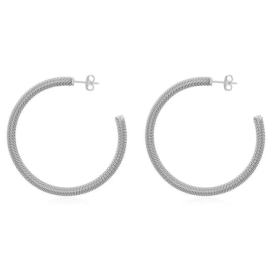 Ατσάλινοι κρίκοι με πλέγμα χρώμα ασημί (E1356 ) - earrings – charmy.gr
