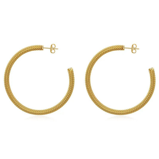 Ατσάλινοι κρίκοι με πλέγμα χρώμα χρυσό 5 εκατοστά (E1357) - earrings – charmy.gr