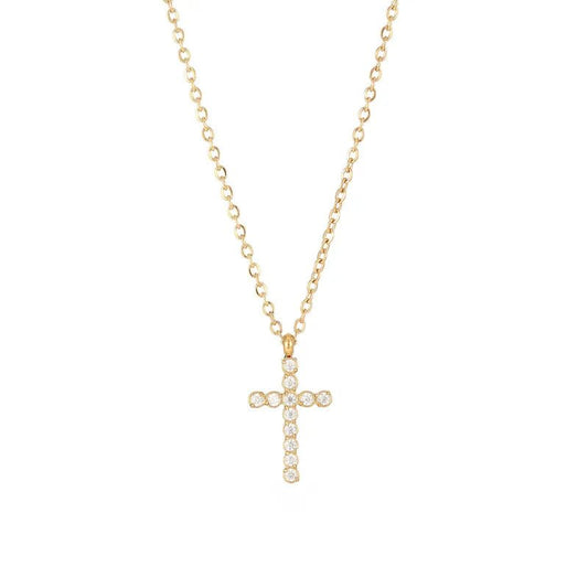 Ατσάλινος σταυρός 1.5 εκατοστό με ζιργκόν επιχρυσωμένος (N1353) - necklace - charmy.gr