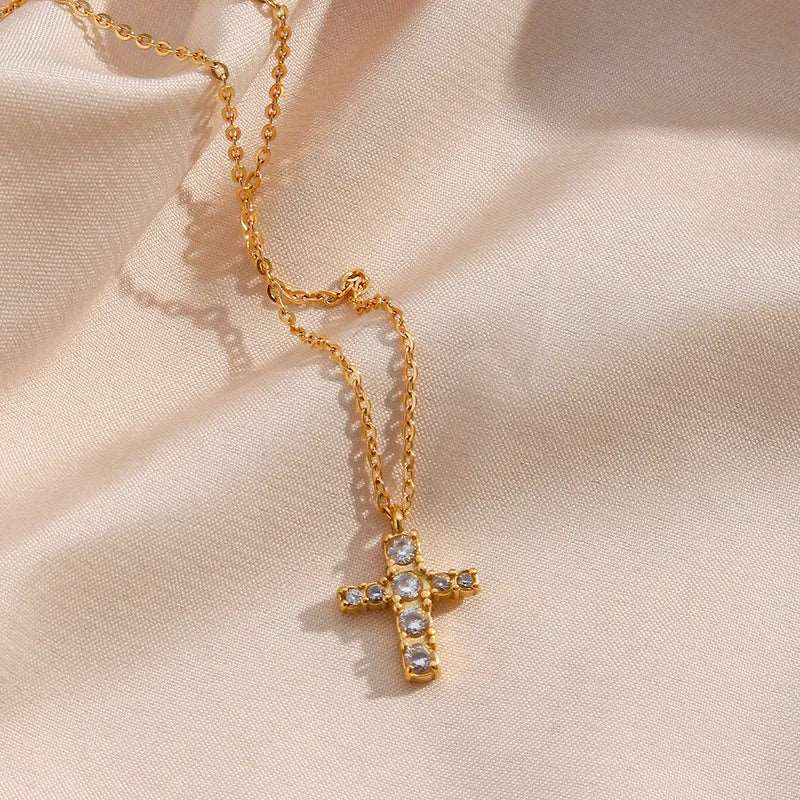 Ατσάλινος σταυρός με ζιργκόν επιχρυσωμένος (N1362) - necklace - charmy.gr