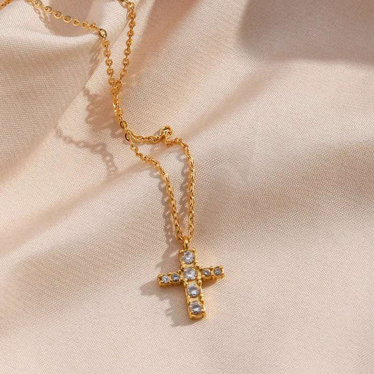 Ατσάλινος σταυρός με ζιργκόν επιχρυσωμένος (N1362) - necklace - charmy.gr