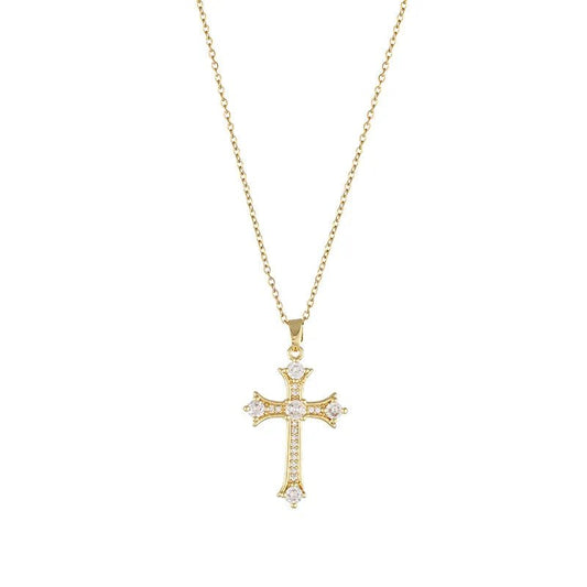Ατσάλινος σταυρός με ζιργκόν επιχρυσωμένος (N1409) - necklace - charmy.gr
