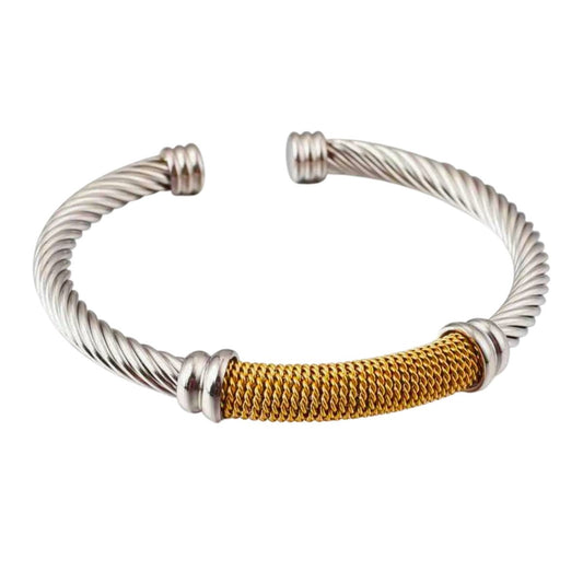 Βραχιόλι ατσάλινο βέργα με χρυσό πλέγμα χρώμα ασημί (B1532) - bracelet - charmy.gr