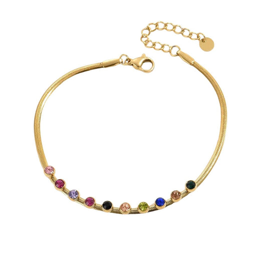 Βραχιόλι ατσάλινο επιχρυσωμένο με χρωματιστές πέτρες ζιργκόν (B1547) - bracelet - charmy.gr