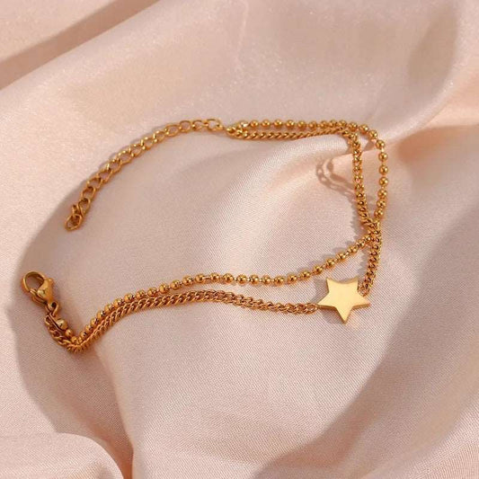 Γυναικείο βραχιόλι ατσάλινο με διπλή αλυσίδα αστέρι επιχρυσωμένο (B1087)  - bracelet - charmy.gr