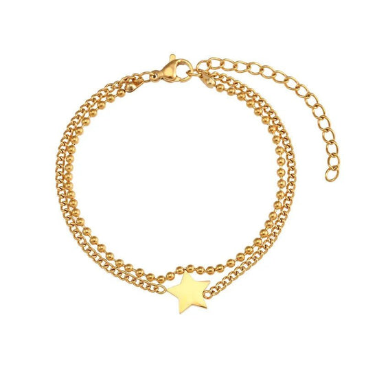 Βραχιόλι ατσάλινο με διπλή αλυσίδα αστέρι επιχρυσωμένο (B1087)  - bracelet - charmy.gr
