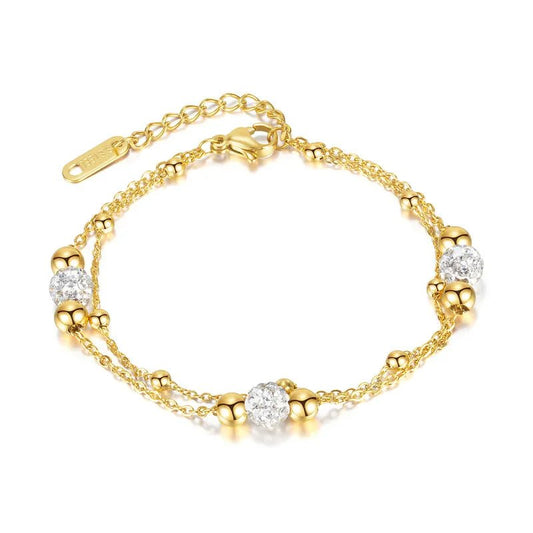 Βραχιόλι ατσάλινο με διπλή αλυσίδα και μεταλλικές χάντρες χρώμα χρυσό (B1386) - bracelet - charmy.gr