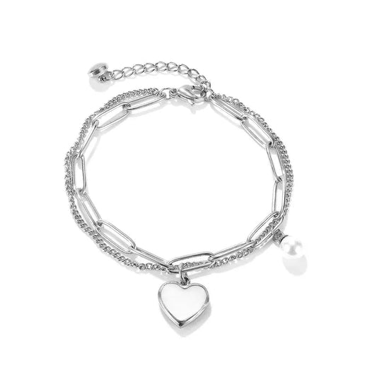 Βραχιόλι ατσάλινο με διπλή αλυσίδα καρδιά και πέρλα (B1415) - bracelet - charmy.gr