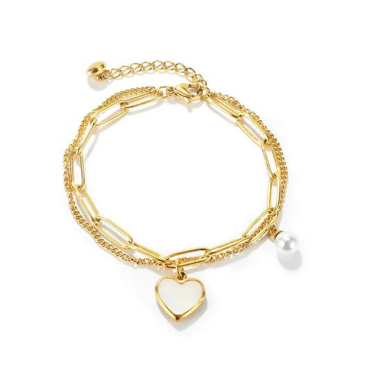 Βραχιόλι ατσάλινο με διπλή αλυσίδα καρδιά και πέρλα επιχρυσωμένο (B1416) - bracelet - charmy.gr
