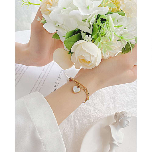 Γυναικείο βραχιόλι ατσάλινο με διπλή αλυσίδα καρδιά και πέρλα επιχρυσωμένο (B1416) - bracelet - charmy.gr