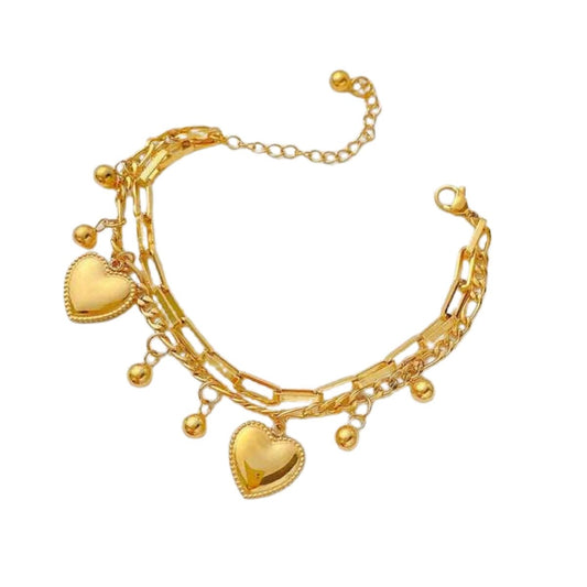 Βραχιόλι ατσάλινο με διπλή αλυσίδα με κρεμαστά καρδιές χρώμα χρυσό (B1366) - bracelet - charmy.gr