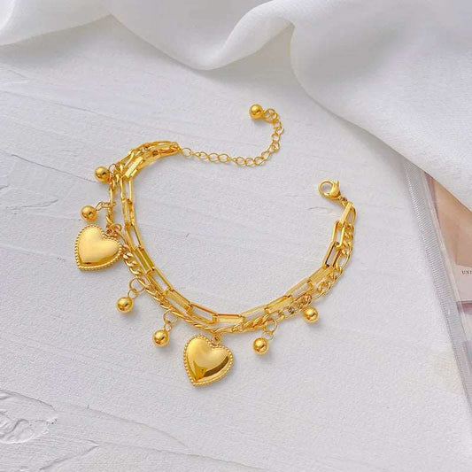 Γυναικείο βραχιόλι ατσάλινο με διπλή αλυσίδα με κρεμαστά καρδιές χρώμα χρυσό (B1366) - bracelet - charmy.gr