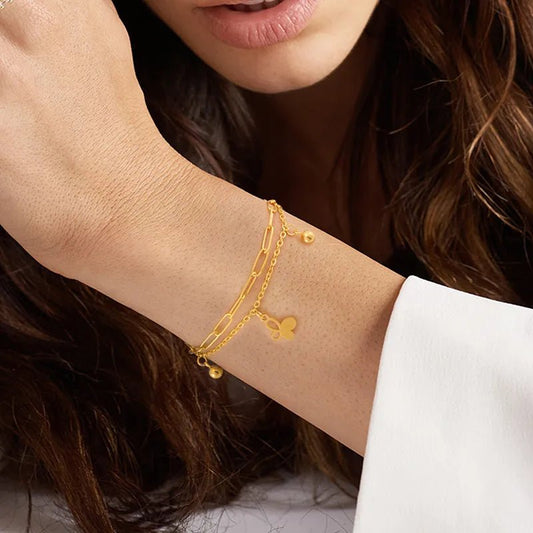 Γυναικείο βραχιόλι ατσάλινο με διπλή αλυσίδα με πεταλούδες χρώμα χρυσό (B1368) - bracelet - charmy.gr
