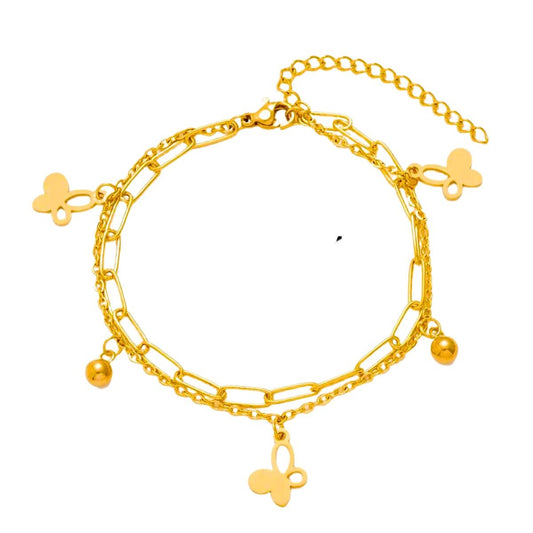 Βραχιόλι ατσάλινο με διπλή αλυσίδα με πεταλούδες χρώμα χρυσό (B1368) - bracelet - charmy.gr