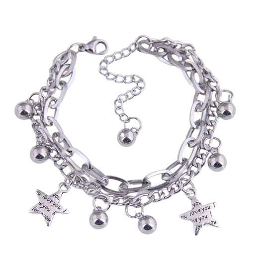 Βραχιόλι ατσάλινο με κρεμαστά αστέρια χρώμα ασημί (B1334) - bracelet - charmy.gr