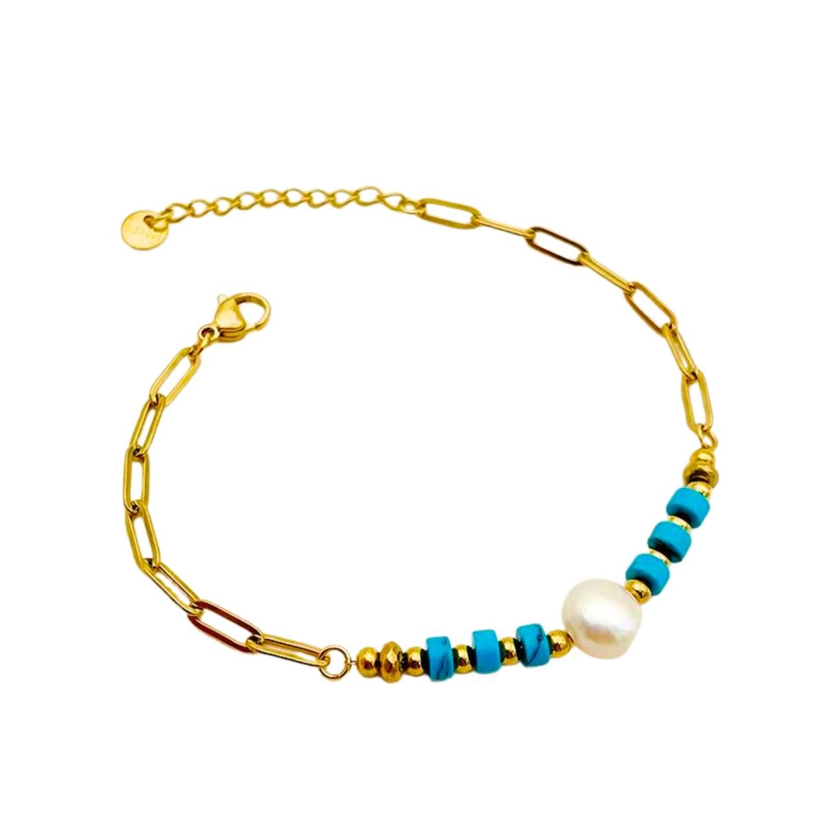 Βραχιόλι ατσάλινο με πέρλα και φυσικές μπλε πέτρες επιχρυσωμένο (B1459) - bracelet - charmy.gr