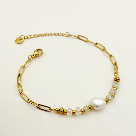 Γυναικείο βραχιόλι ατσάλινο με πέρλα και φυσικές πέτρες επιχρυσωμένο (B1458) - bracelet - charmy.gr