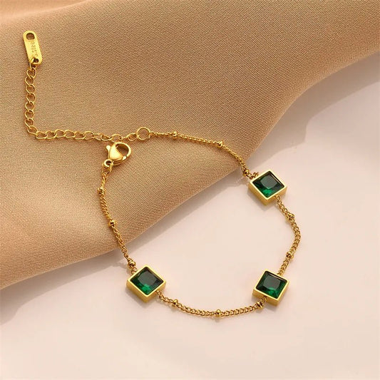 Γυναικείο βραχιόλι ατσάλινο με πράσινες πέτρες ζιργκόν επιχρυσωμένο (B1332) - bracelet - charmy.gr