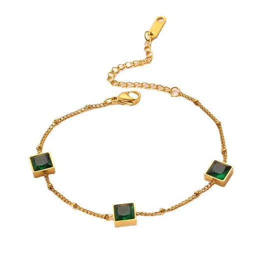 Βραχιόλι ατσάλινο με πράσινες πέτρες ζιργκόν επιχρυσωμένο (B1332) - bracelet - charmy.gr
